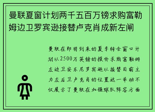 曼联夏窗计划两千五百万镑求购富勒姆边卫罗宾逊接替卢克肖成新左闸