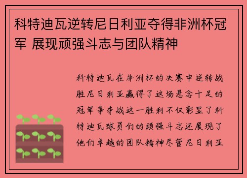 科特迪瓦逆转尼日利亚夺得非洲杯冠军 展现顽强斗志与团队精神